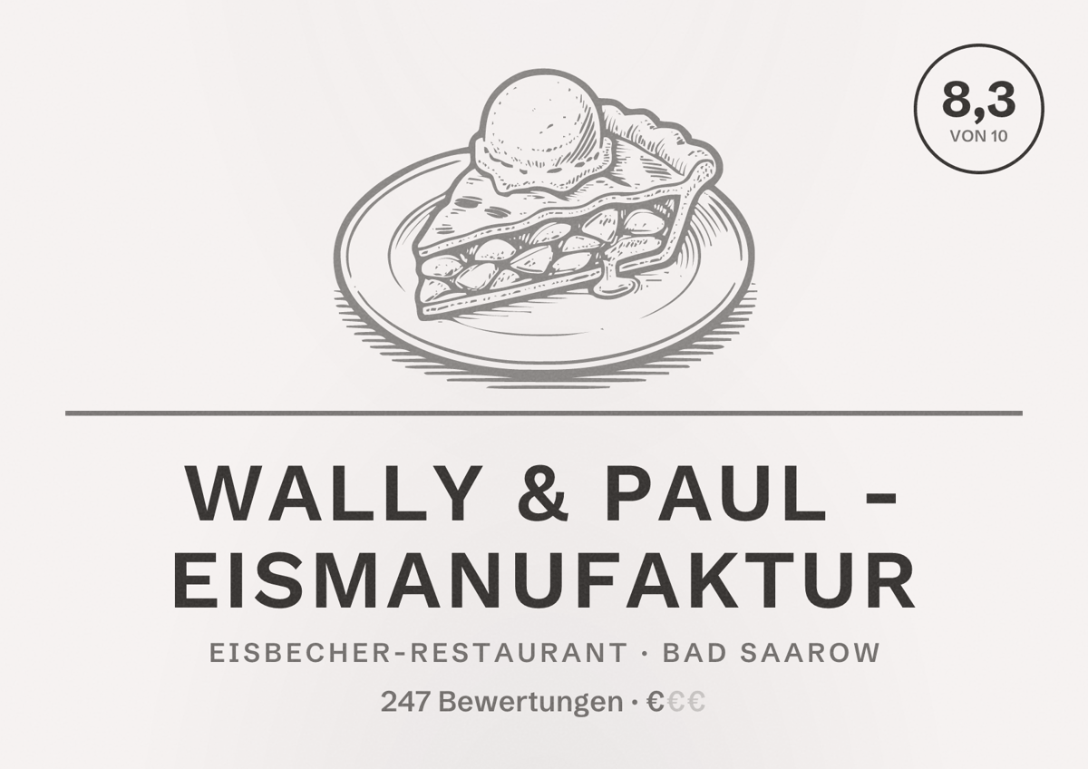 Illustriertes Poster von Wally & Paul - Eismanufaktur, Eisbecher-Restaurant in Bad Saarow: Bewertung 8,3 von 10 aus 247 Bewertungen, Preisniveau €