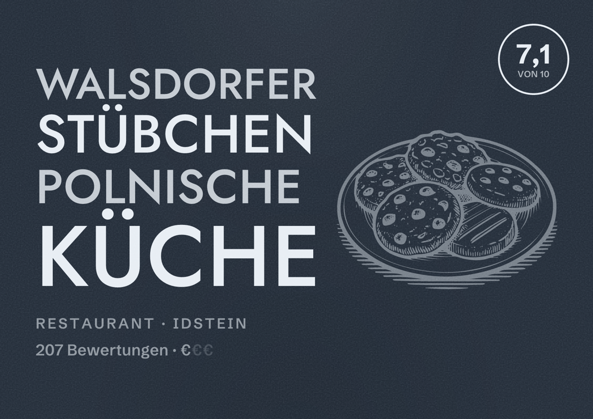 Illustriertes Poster von Walsdorfer Stübchen Polnische Küche, Restaurant in Idstein: Bewertung 7,1 von 10 aus 207 Bewertungen, Preisniveau €
