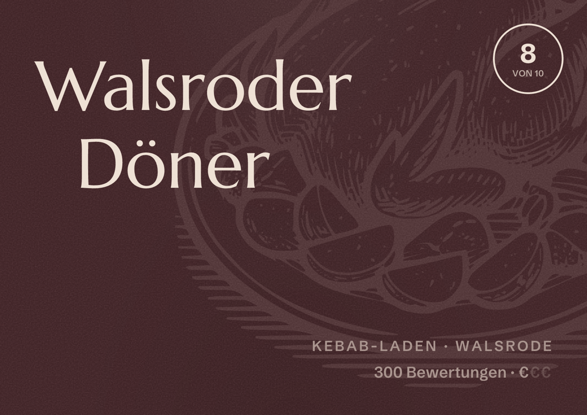 Illustriertes Poster von Walsroder Döner, Kebab-Laden in Walsrode: Bewertung 8 von 10 aus 300 Bewertungen, Preisniveau €