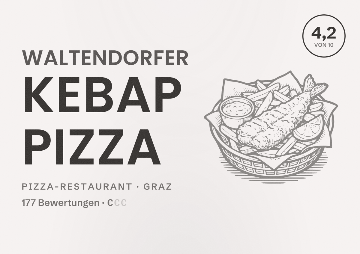 Illustriertes Poster von Waltendorfer Kebap Pizza, Pizza-Restaurant in Graz: Bewertung 4,2 von 10 aus 177 Bewertungen, Preisniveau €