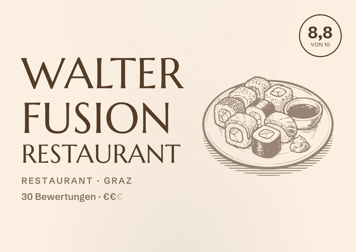 Illustriertes Poster von Walter Fusion Restaurant, Restaurant in Graz: Bewertung 8,8 von 10 aus 30 Bewertungen, Preisniveau €€