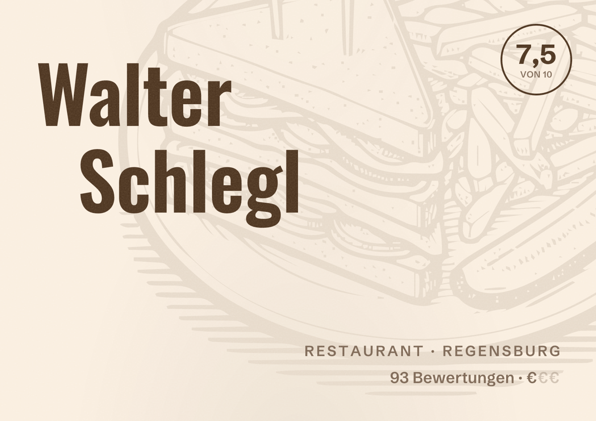 Illustriertes Poster von Walter Schlegl, Restaurant in Regensburg: Bewertung 7,5 von 10 aus 93 Bewertungen, Preisniveau €