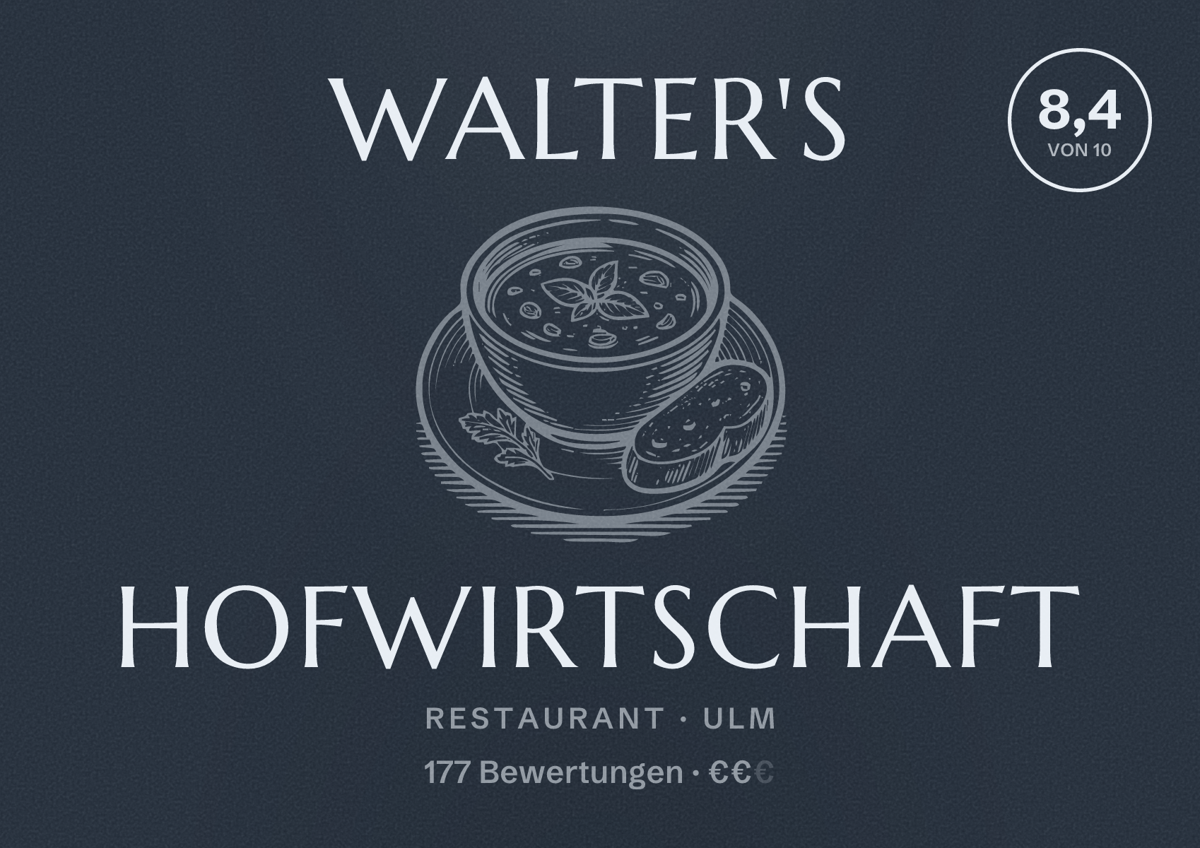 Illustriertes Poster von Walter's Hofwirtschaft, Restaurant in Ulm: Bewertung 8,4 von 10 aus 177 Bewertungen, Preisniveau €€