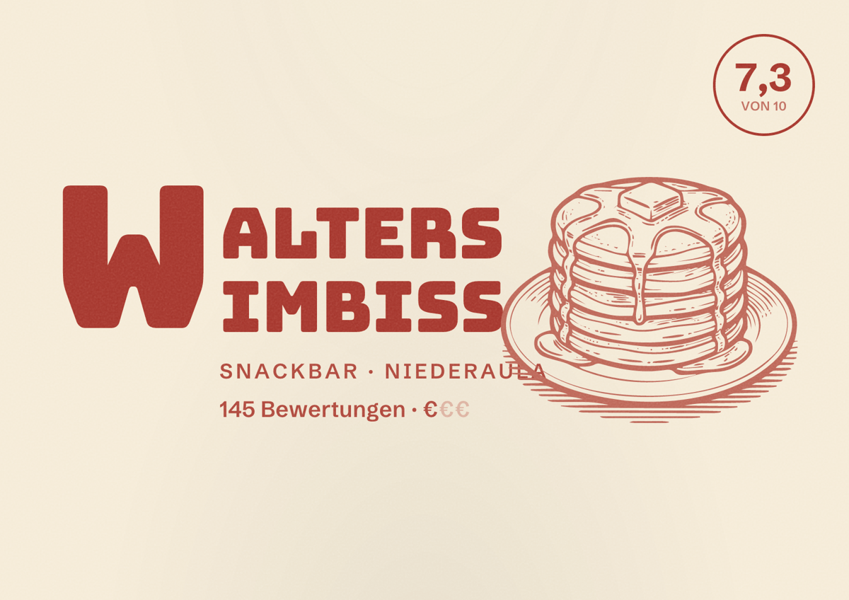 Illustriertes Poster von Walters Imbiss, Snackbar in Niederaula: Bewertung 7,3 von 10 aus 145 Bewertungen, Preisniveau €