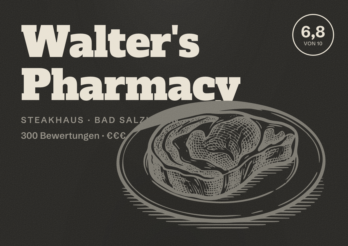 Illustriertes Poster von Walter's Pharmacy, Steakhaus in Bad Salzuflen: Bewertung 6,8 von 10 aus 300 Bewertungen, Preisniveau €€€