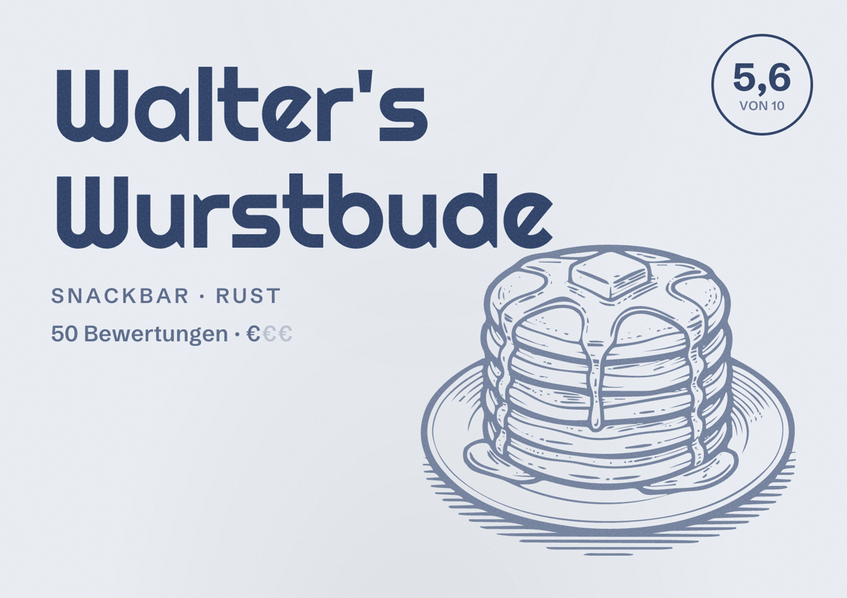 Illustriertes Poster von Walter's Wurstbude, Snackbar in Rust: Bewertung 5,6 von 10 aus 50 Bewertungen, Preisniveau €