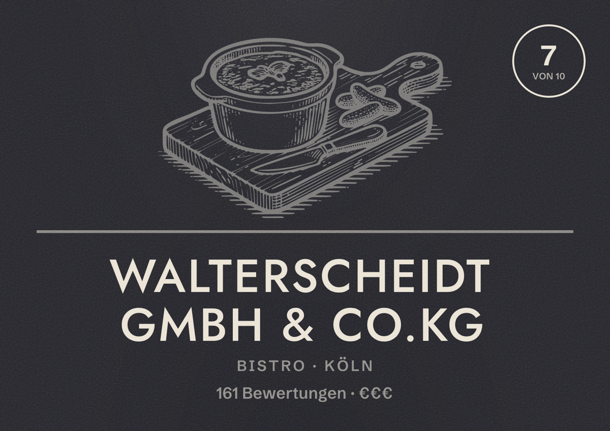 Illustriertes Poster von Walterscheidt GmbH & Co.KG, Bistro in Köln: Bewertung 7,0 von 10 aus 161 Bewertungen, Preisniveau €€€