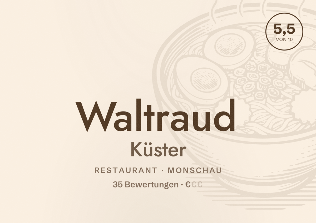 Illustriertes Poster von Waltraud Küster, Restaurant in Monschau: Bewertung 5,5 von 10 aus 35 Bewertungen, Preisniveau €
