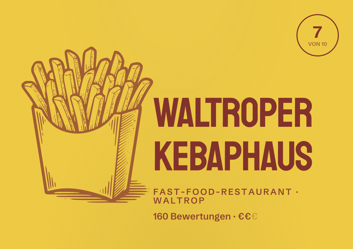 Illustriertes Poster von Waltroper Kebaphaus, Fast-Food-Restaurant in Waltrop: Bewertung 7 von 10 aus 160 Bewertungen, Preisniveau €€
