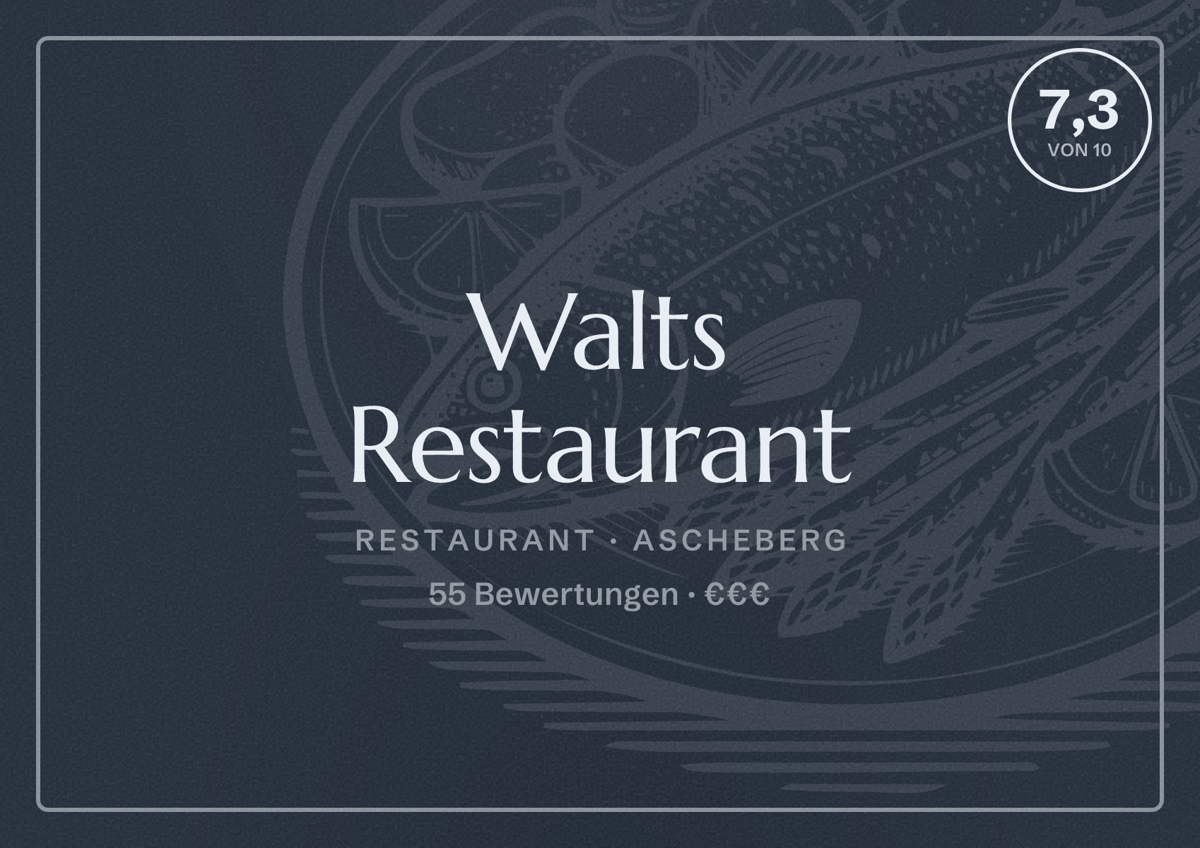 Illustriertes Poster von Walts Restaurant, Restaurant in Ascheberg: Bewertung 7,3 von 10 aus 55 Bewertungen, Preisniveau €€€