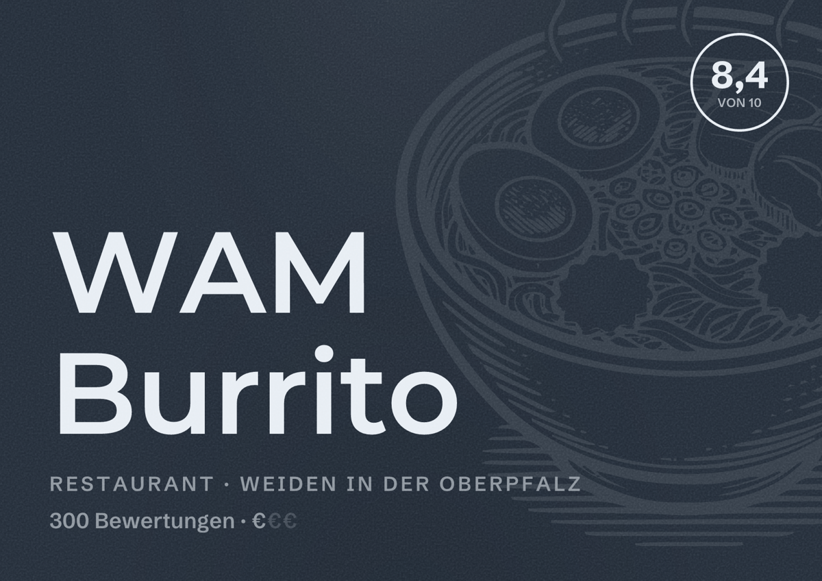 Illustriertes Poster von WAM Burrito, Restaurant in Weiden in der Oberpfalz: Bewertung 8,4 von 10 aus 300 Bewertungen, Preisniveau €