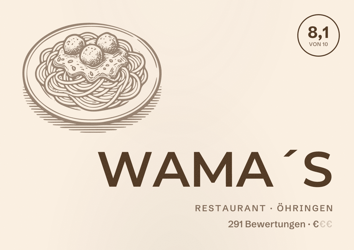 Illustriertes Poster von WAMA´S, Restaurant in Öhringen: Bewertung 8,1 von 10 aus 291 Bewertungen, Preisniveau €