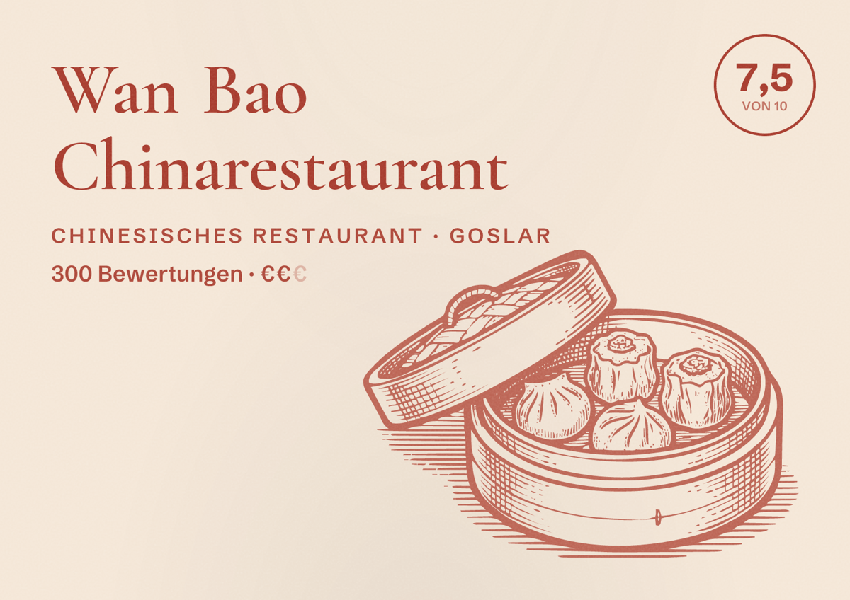 Illustriertes Poster von Wan Bao Chinarestaurant, Chinesisches Restaurant in Goslar: Bewertung 7,5 von 10 aus 300 Bewertungen, Preisniveau €€