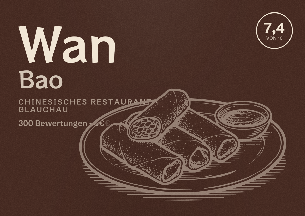 Illustriertes Poster von Wan Bao, Chinesisches Restaurant in Glauchau: Bewertung 7,4 von 10 aus 300 Bewertungen, Preisniveau €€