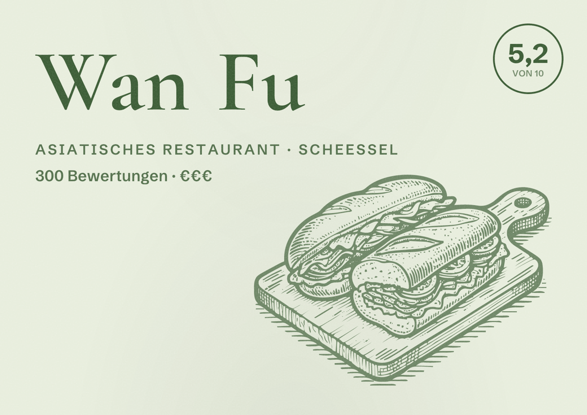 Illustriertes Poster von Wan Fu, Asiatisches Restaurant in Scheeßel: Bewertung 5,2 von 10 aus 300 Bewertungen, Preisniveau €€€