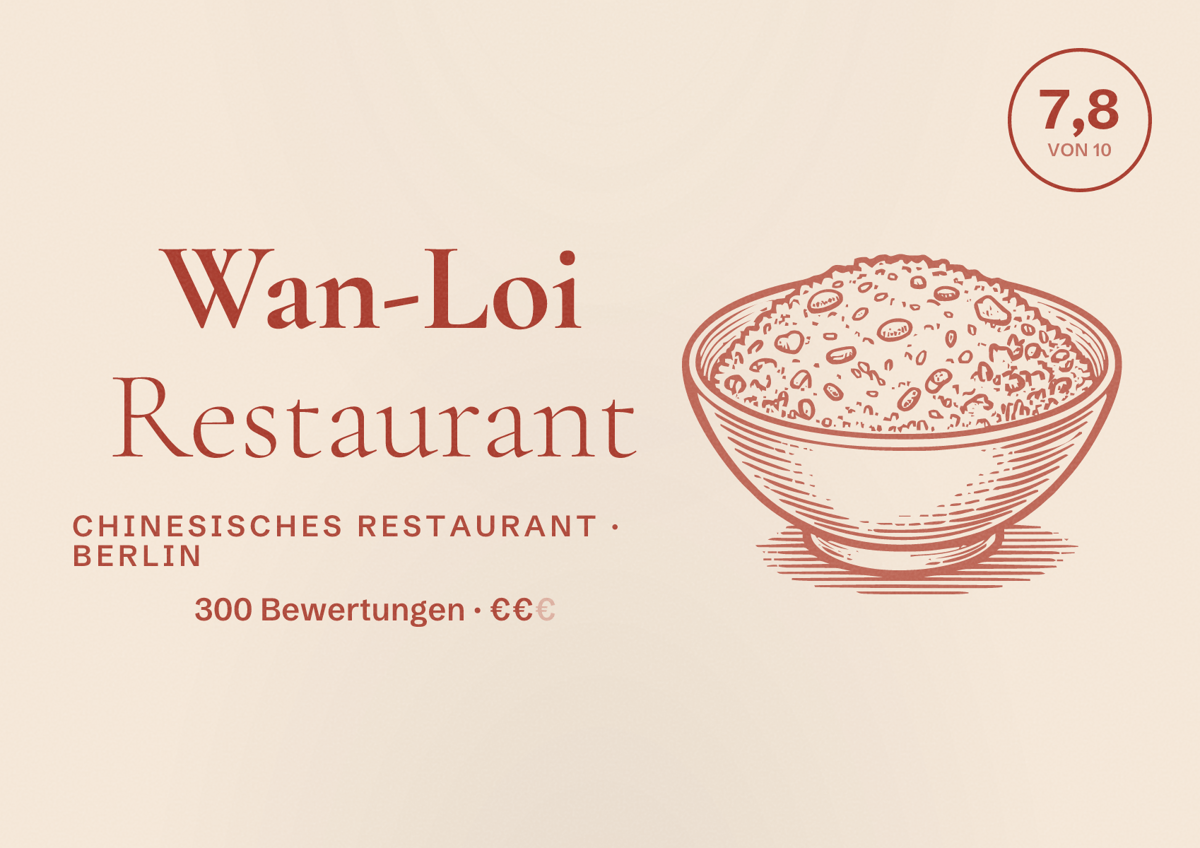Illustriertes Poster von Wan-Loi Restaurant, Chinesisches Restaurant in Berlin: Bewertung 7,8 von 10 aus 300 Bewertungen, Preisniveau €€