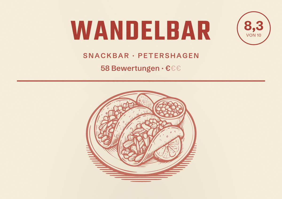 Illustriertes Poster von Wandelbar, Snackbar in Petershagen: Bewertung 8,3 von 10 aus 58 Bewertungen, Preisniveau €