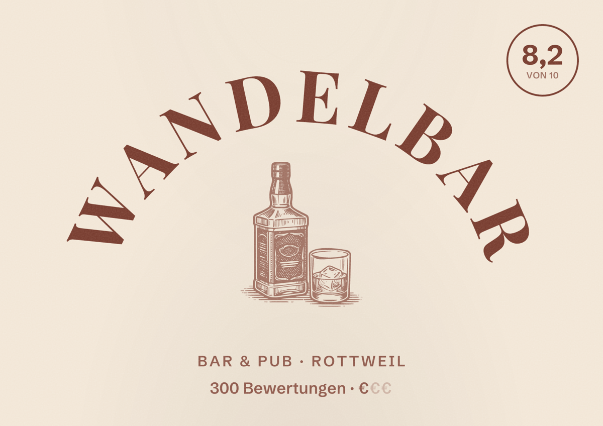 Illustriertes Poster von Wandelbar, Bar & Pub in Rottweil: Bewertung 8,2 von 10 aus 300 Bewertungen, Preisniveau €