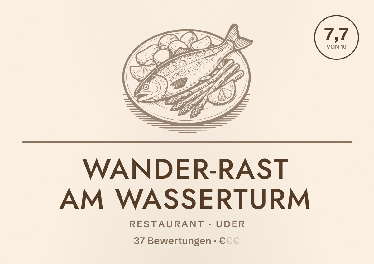Illustriertes Poster von Wander-Rast am Wasserturm, Restaurant in Uder: Bewertung 7,7 von 10 aus 37 Bewertungen, Preisniveau €