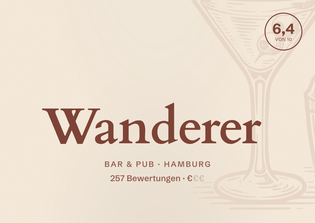 Illustriertes Poster von Wanderer, Bar & Pub in Hamburg: Bewertung 6,4 von 10 aus 257 Bewertungen, Preisniveau €