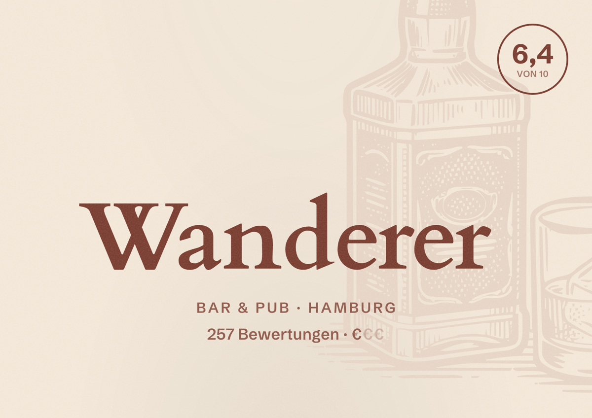 Illustriertes Poster von Wanderer, Bar & Pub in Hamburg: Bewertung 6,4 von 10 aus 257 Bewertungen, Preisniveau €