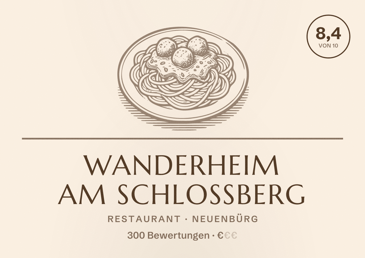 Illustriertes Poster von Wanderheim am Schlossberg, Restaurant in Neuenbürg: Bewertung 8,4 von 10 aus 300 Bewertungen, Preisniveau €