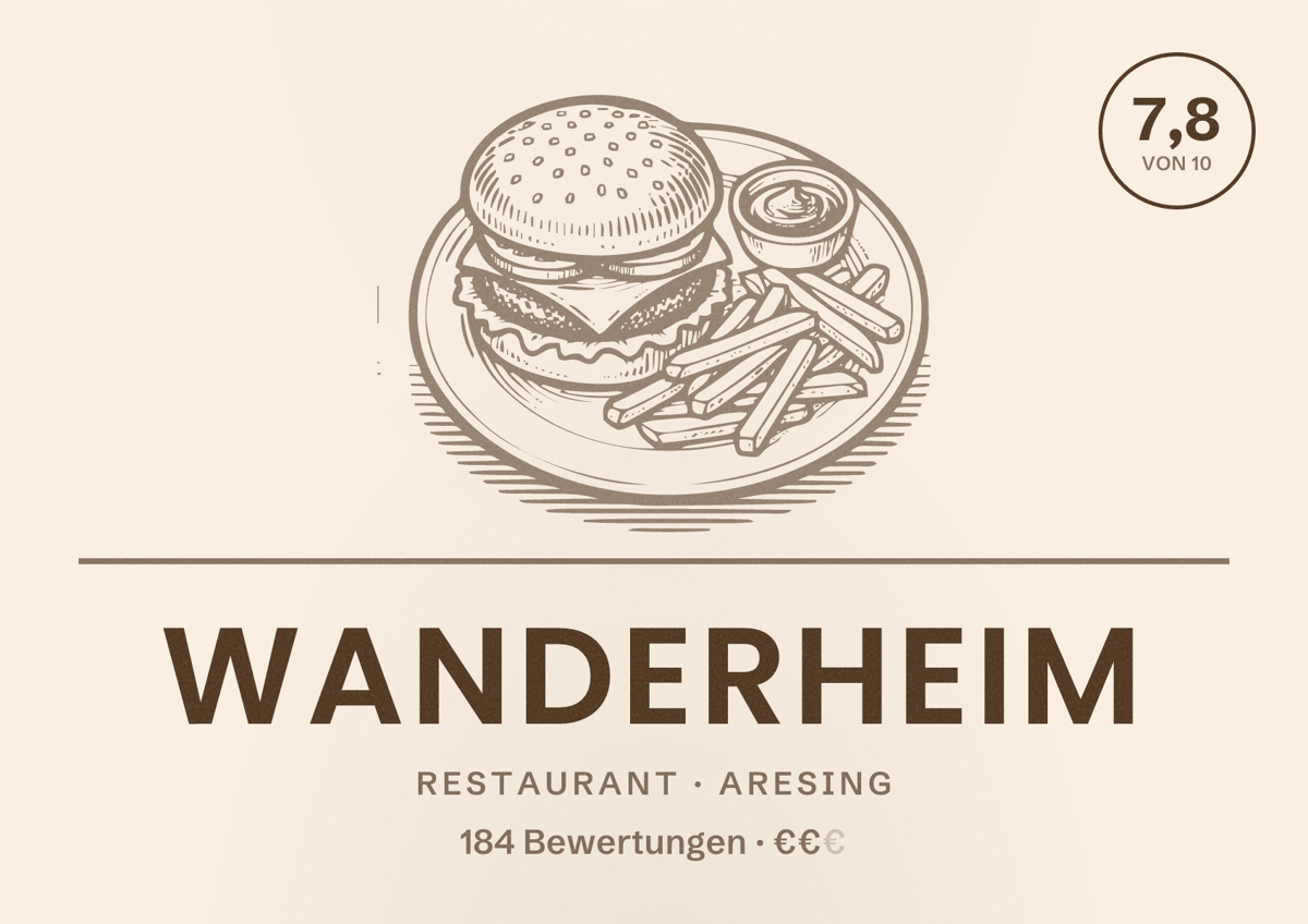 Illustriertes Poster von Wanderheim, Restaurant in Aresing: Bewertung 7,8 von 10 aus 184 Bewertungen, Preisniveau €€