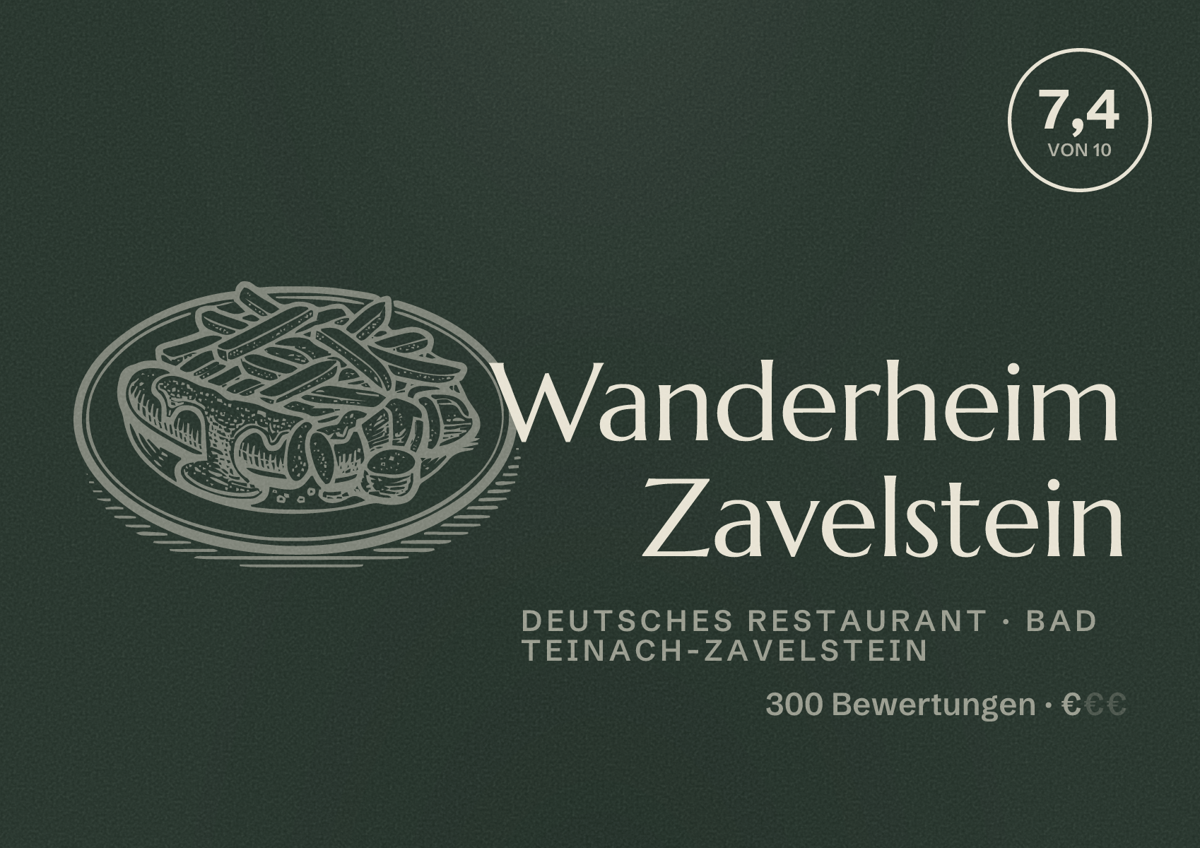 Illustriertes Poster von Wanderheim Zavelstein, Deutsches Restaurant in Bad Teinach-Zavelstein: Bewertung 7,4 von 10 aus 300 Bewertungen, Preisniveau €