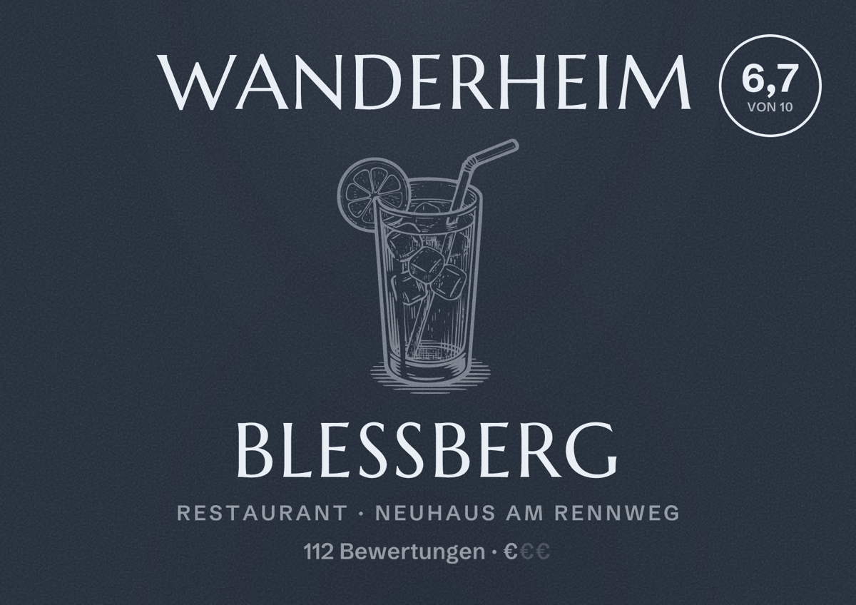 Illustriertes Poster von Wanderheim Bleßberg, Restaurant in Neuhaus am Rennweg: Bewertung 6,7 von 10 aus 112 Bewertungen, Preisniveau €