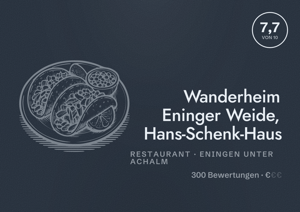 Illustriertes Poster von Wanderheim Eninger Weide, Hans-Schenk-Haus, Restaurant in Eningen unter Achalm: Bewertung 7,7 von 10 aus 300 Bewertungen, Preisniveau €