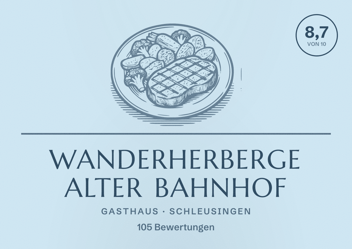 Illustriertes Poster von Wanderherberge Alter Bahnhof, Gasthaus in Schleusingen: Bewertung 8,7 von 10 aus 105 Bewertungen