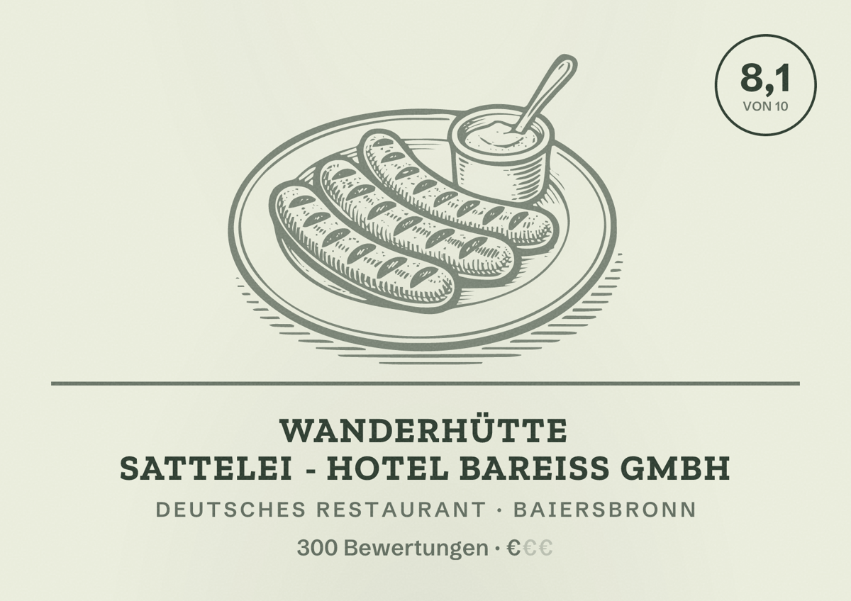Illustriertes Poster von Wanderhütte Sattelei - Hotel Bareiss GmbH, Deutsches Restaurant in Baiersbronn: Bewertung 8,1 von 10 aus 300 Bewertungen, Preisniveau €