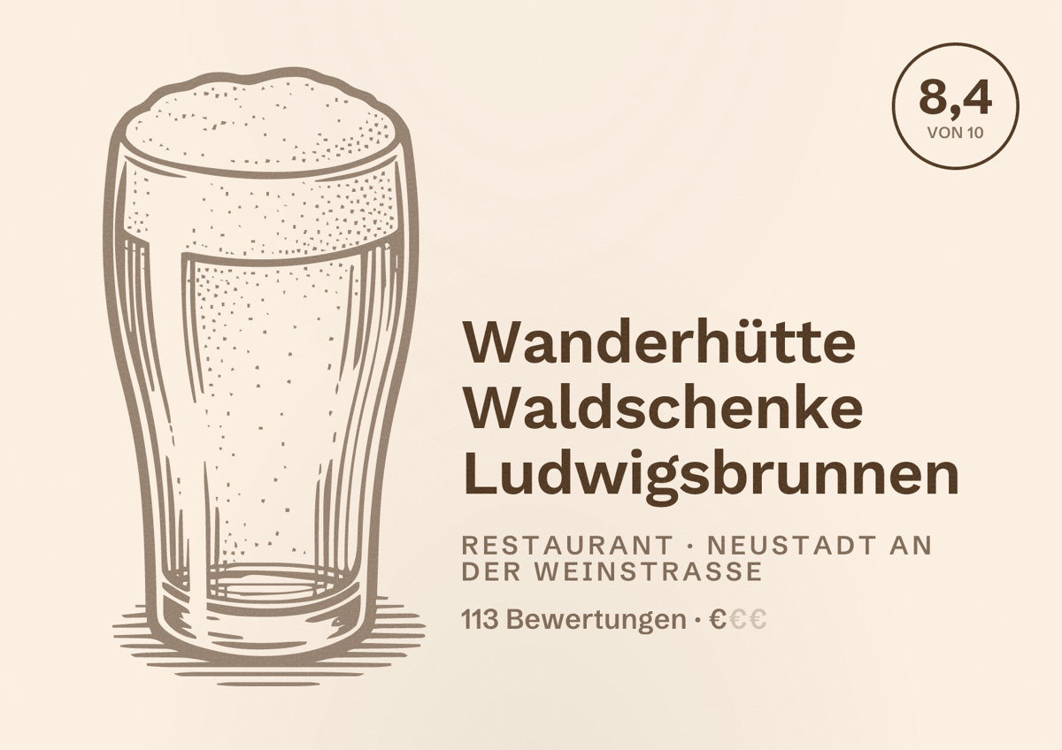 Illustriertes Poster von Wanderhütte Waldschenke Ludwigsbrunnen, Restaurant in Neustadt an der Weinstraße: Bewertung 8,4 von 10 aus 113 Bewertungen, Preisniveau €
