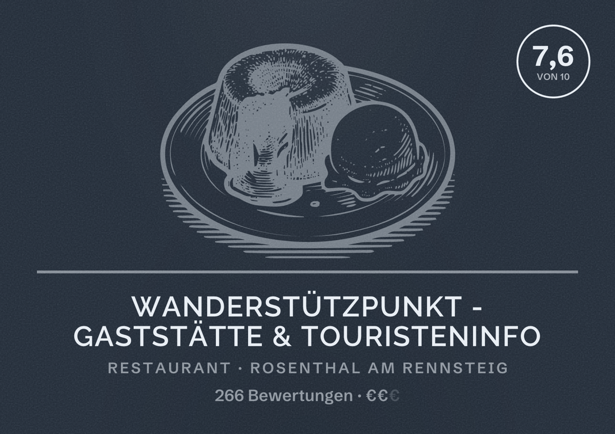 Illustriertes Poster von Wanderstützpunkt - Gaststätte & Touristeninfo, Restaurant in Rosenthal am Rennsteig: Bewertung 7,6 von 10 aus 266 Bewertungen, Preisniveau €€