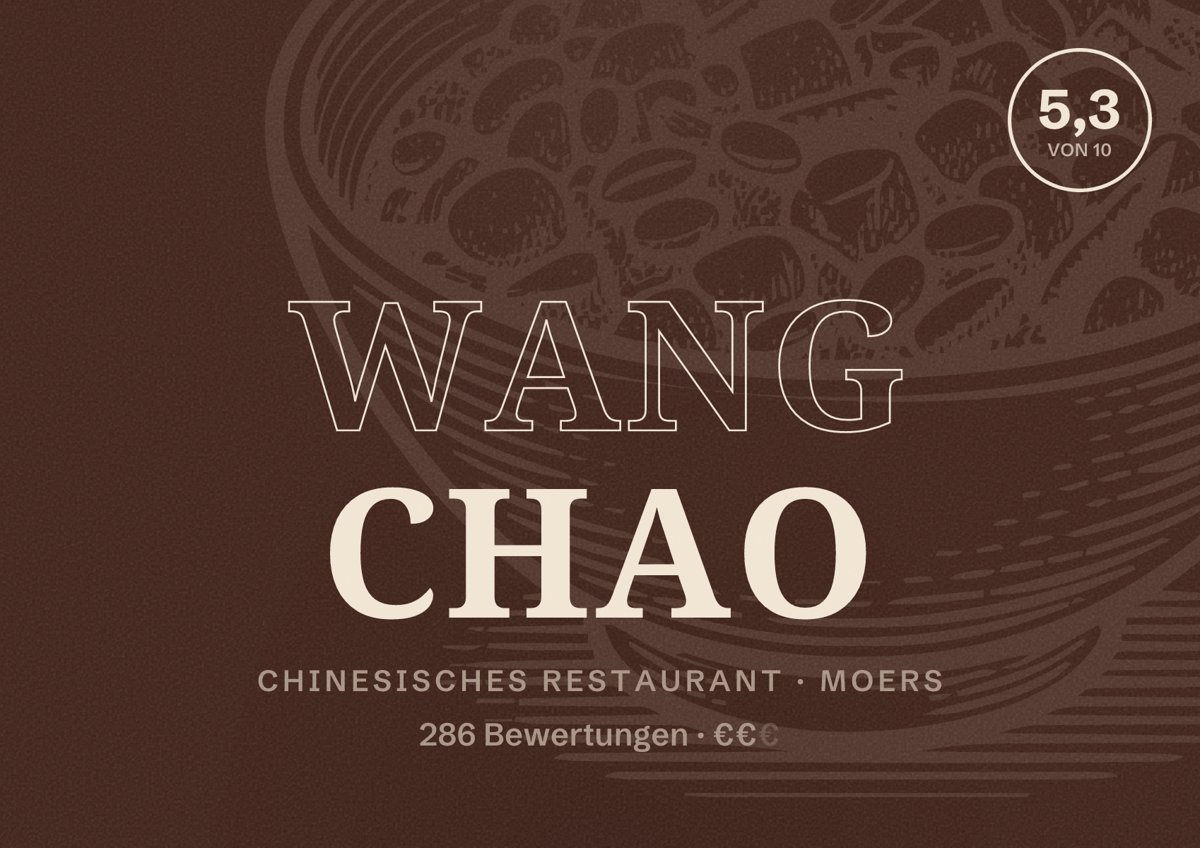 Illustriertes Poster von Wang Chao, Chinesisches Restaurant in Moers: Bewertung 5,3 von 10 aus 286 Bewertungen, Preisniveau €€