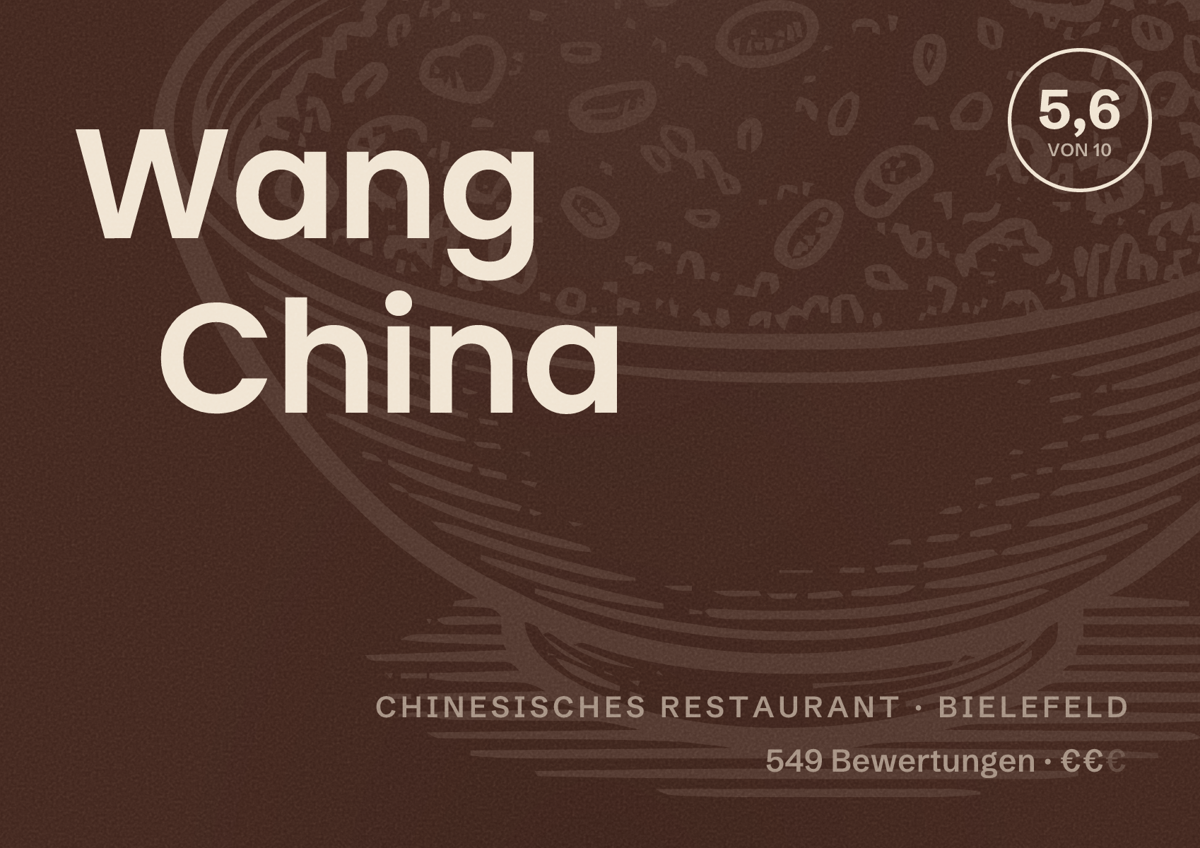 Illustriertes Poster von Wang China, Chinesisches Restaurant in Bielefeld: Bewertung 5,6 von 10 aus 549 Bewertungen, Preisniveau €€