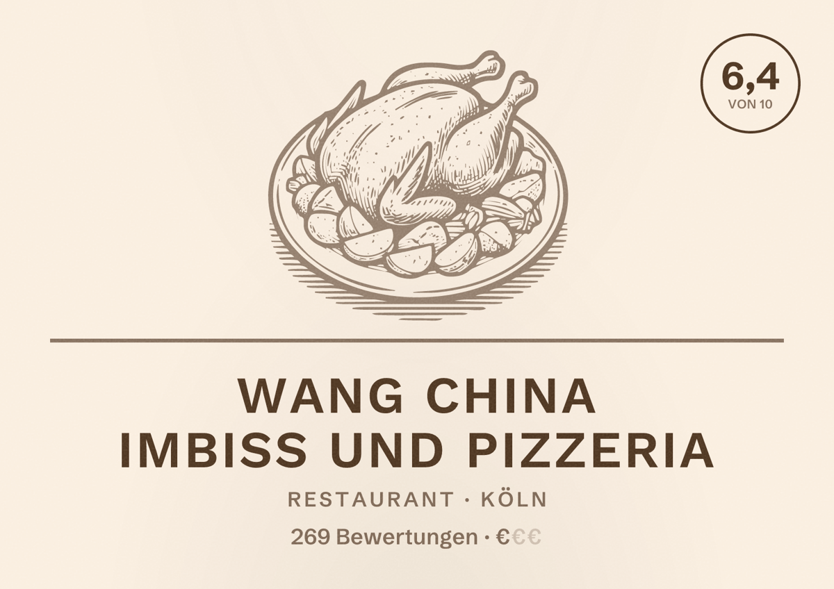Illustriertes Poster von Wang China Imbiss und Pizzeria, Restaurant in Köln: Bewertung 6,4 von 10 aus 269 Bewertungen, Preisniveau €