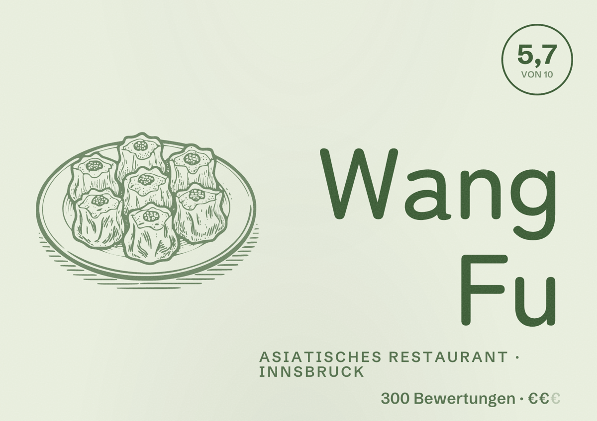 Illustriertes Poster von Wang Fu, Asiatisches Restaurant in Innsbruck: Bewertung 5,7 von 10 aus 300 Bewertungen, Preisniveau €€