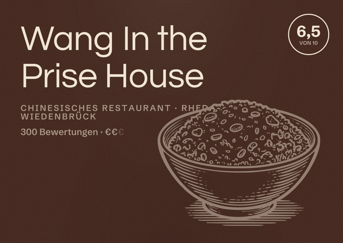 Illustriertes Poster von Wang In the Prise House, Chinesisches Restaurant in Rheda-Wiedenbrück: Bewertung 6,5 von 10 aus 300 Bewertungen, Preisniveau €€