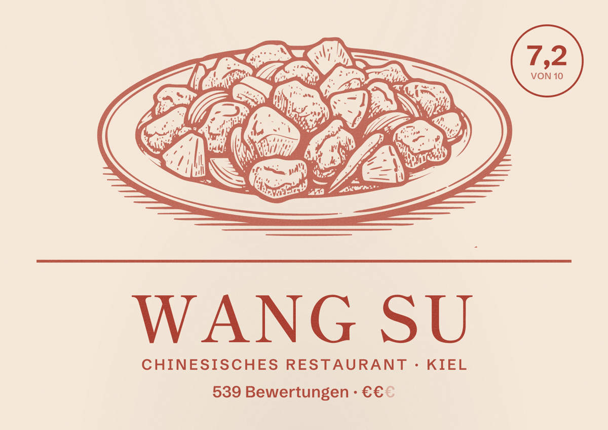 Illustriertes Poster von Wang Su, Chinesisches Restaurant in Kiel: Bewertung 7,2 von 10 aus 539 Bewertungen, Preisniveau €€