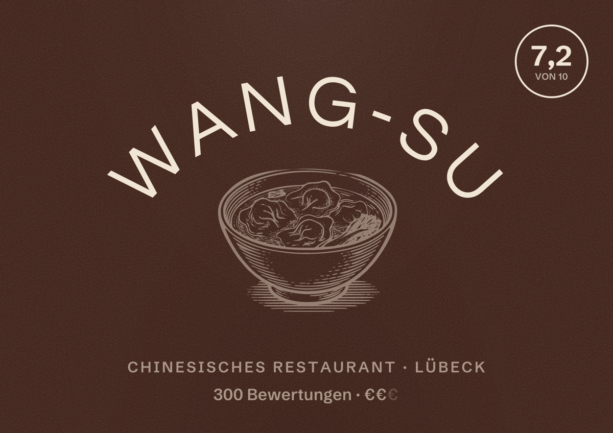 Illustriertes Poster von Wang-Su, Chinesisches Restaurant in Lübeck: Bewertung 7,2 von 10 aus 300 Bewertungen, Preisniveau €€