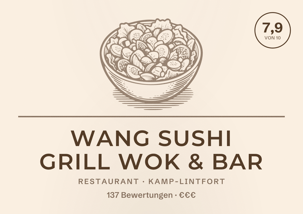 Illustriertes Poster von Wang Sushi Grill Wok & Bar, Restaurant in Kamp-Lintfort: Bewertung 7,9 von 10 aus 137 Bewertungen, Preisniveau €€€