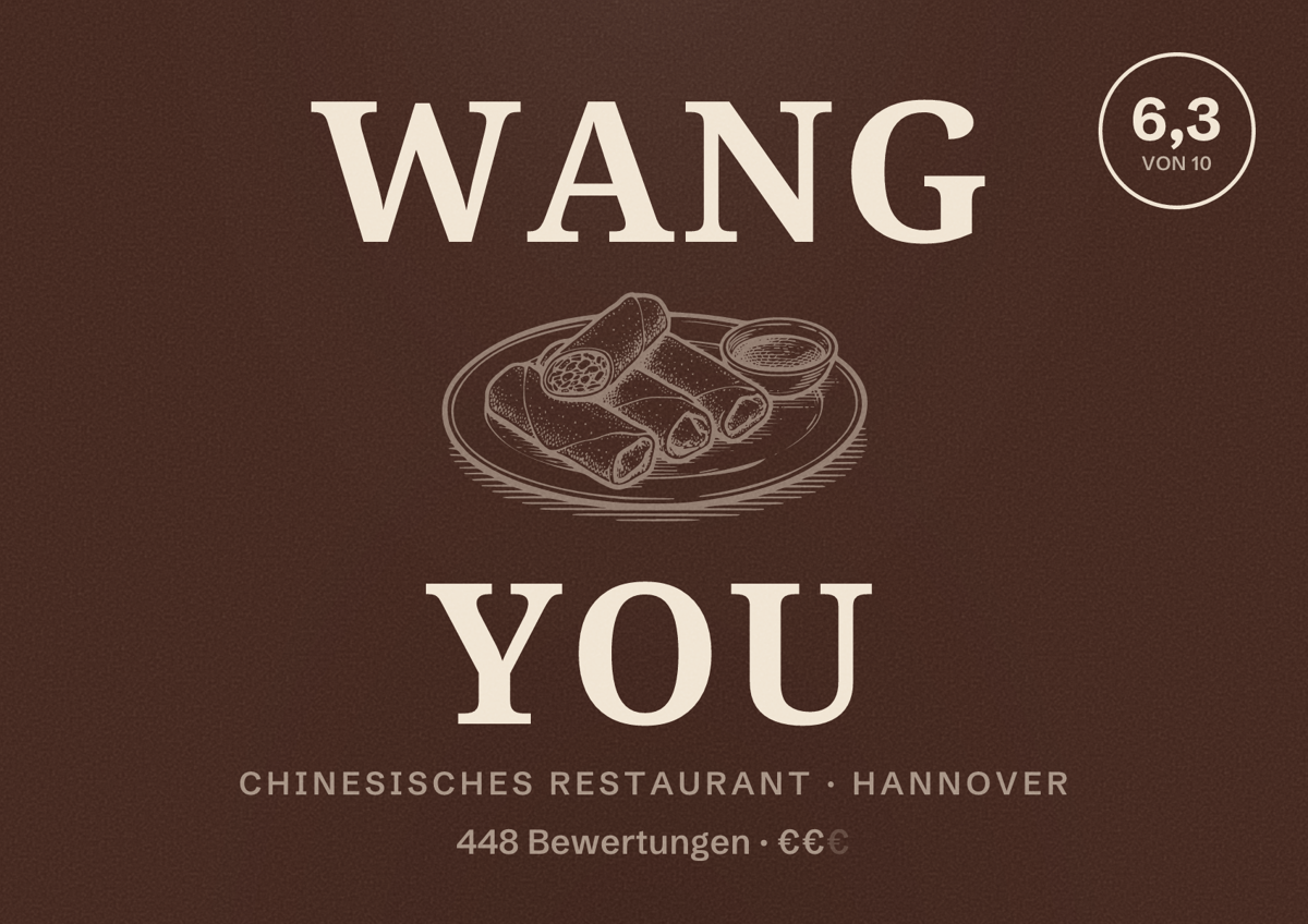 Illustriertes Poster von Wang You, Chinesisches Restaurant in Hannover: Bewertung 6,3 von 10 aus 448 Bewertungen, Preisniveau €€