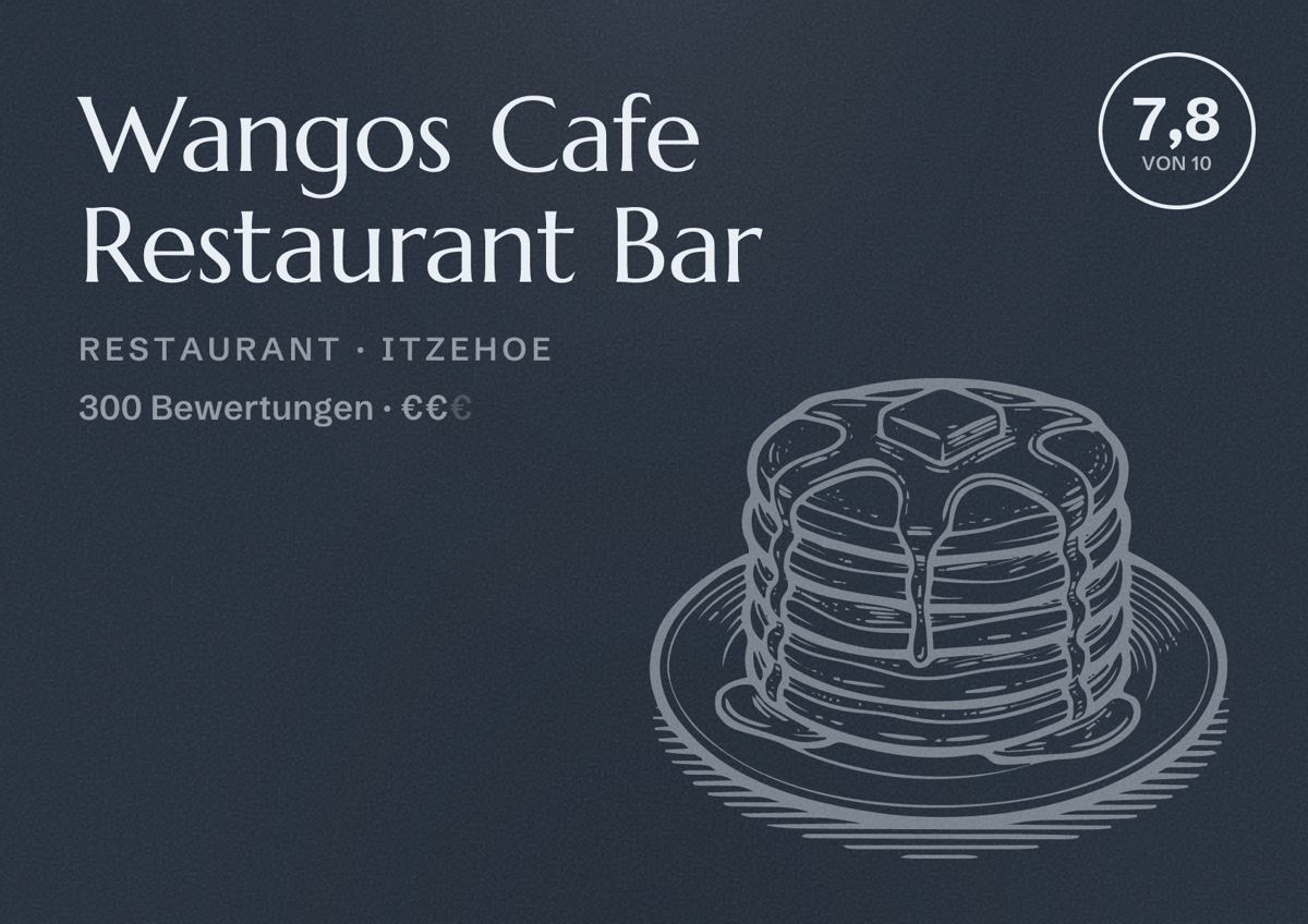 Illustriertes Poster von Wangos Cafe Restaurant Bar, Restaurant in Itzehoe: Bewertung 7,8 von 10 aus 300 Bewertungen, Preisniveau €€