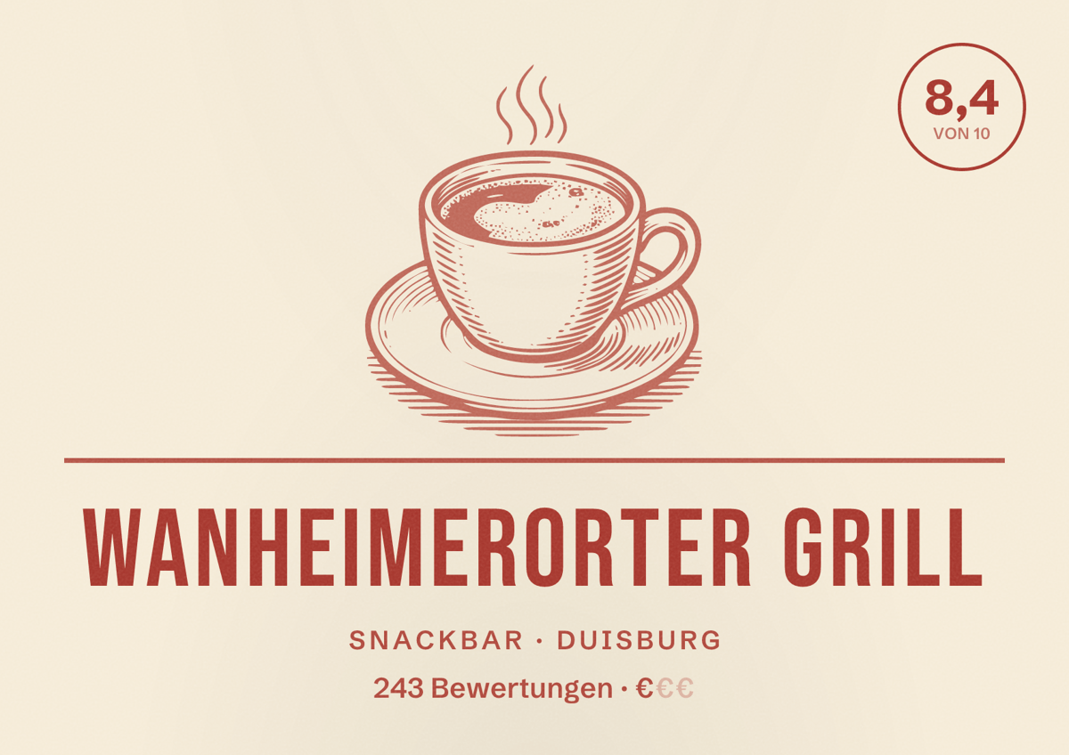 Illustriertes Poster von Wanheimerorter Grill, Snackbar in Duisburg: Bewertung 8,4 von 10 aus 243 Bewertungen, Preisniveau €