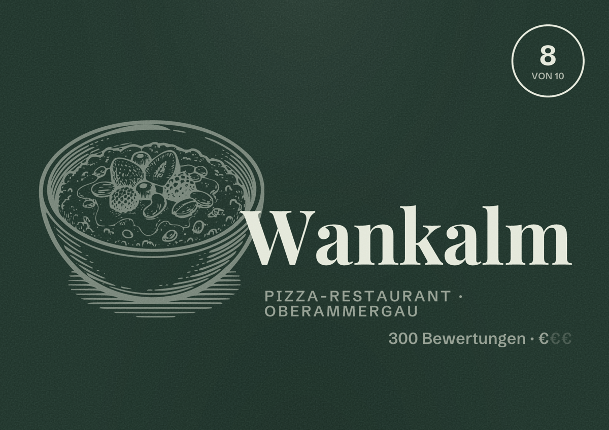 Illustriertes Poster von Wankalm, Pizza-Restaurant in Oberammergau: Bewertung 8 von 10 aus 300 Bewertungen, Preisniveau €