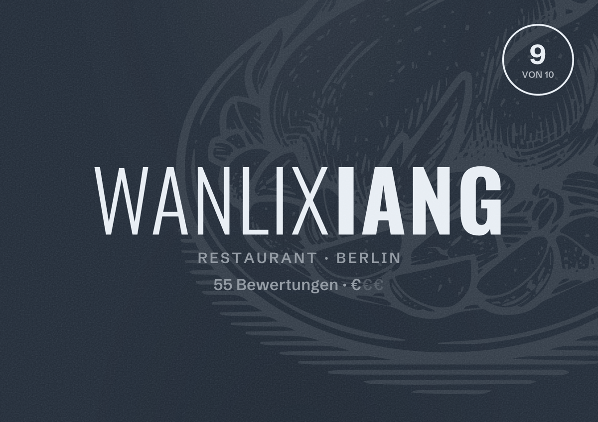 Illustriertes Poster von Wanlixiang, Restaurant in Berlin: Bewertung 9,0 von 10 aus 55 Bewertungen, Preisniveau €