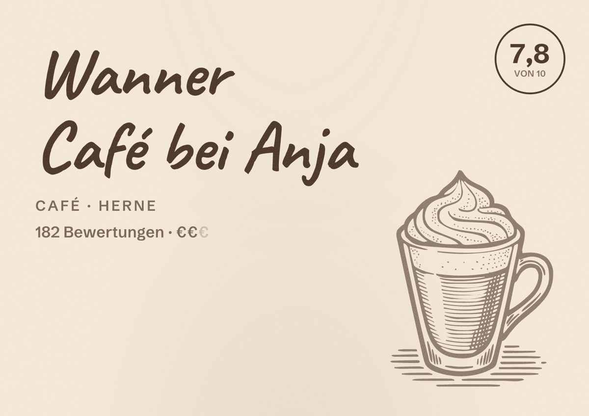 Illustriertes Poster von Wanner Café bei Anja, Café in Herne: Bewertung 7,8 von 10 aus 182 Bewertungen, Preisniveau €€