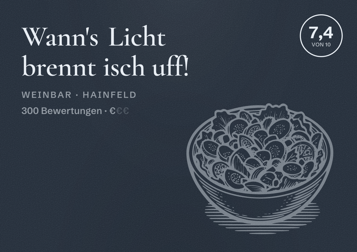 Illustriertes Poster von Wann's Licht brennt isch uff!, Weinbar in Hainfeld: Bewertung 7,4 von 10 aus 300 Bewertungen, Preisniveau €