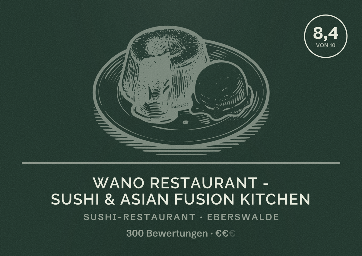 Illustriertes Poster von WANO Restaurant - Sushi & Asian Fusion Kitchen, Sushi-Restaurant in Eberswalde: Bewertung 8,4 von 10 aus 300 Bewertungen, Preisniveau €€